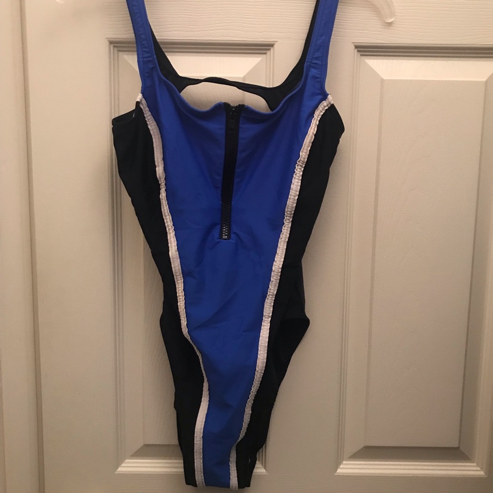 Sport+ Sexy Blue & Black Ladies 1 Piece Swimsuit w/High Waisted Legs & Zipper 14